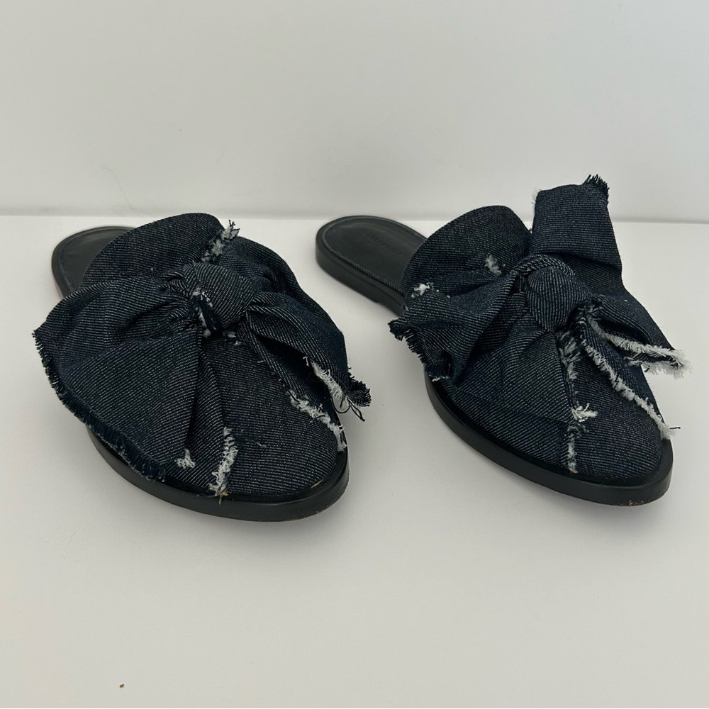 AllSaints Flats Rumour Dark Denim Bow Slip On Mules Shoes Sandals Size 37 - Picture 3 of 9